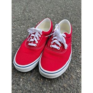 VANS • Red Canvas Low Top Sneaker w/a (rare) checkerboard design on heel